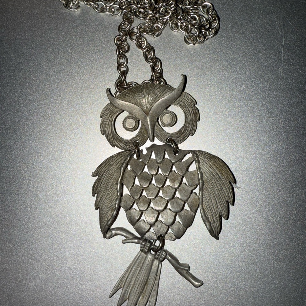 Silver Owl Pendant Necklace with Textured Details
